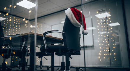 Christmas meeting room with Santa hat on conference chair and wooden table, holiday business planning concept