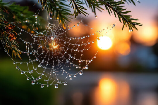 Dewdrop Covered Spiderweb on Pine Branch at Sunrise
