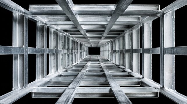 Abstract symmetrical metal structure with geometric patterns and depth perspective - Powered by Adobe