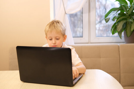Young boy learning online using laptop at home