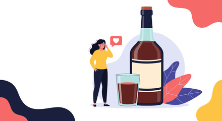Young woman on her phone with a social media like icon next to a large bottle and glass of soda pop or craft beer beverage.