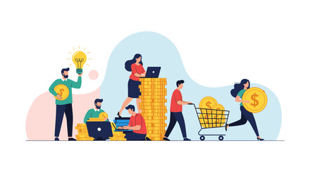 Fototapeta premium Group of diverse business people engaged in various financial activities like earning money online investing and consumer spending.