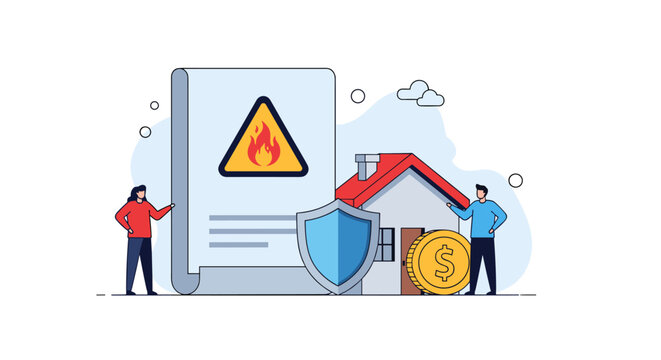 Couple standing with a house and a large insurance policy document that provides financial protection against fire and other risks.