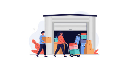 Couple renting a self-storage unit to store their personal belongings and boxes while moving or organizing their possessions.