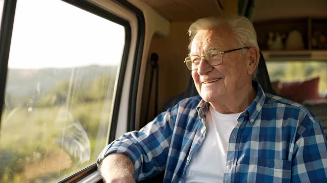 Elderly man joyfully waving from a cozy van interior, showcasing a warm atmosphere and connection with the outside scenery in a continuous motion sequence