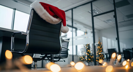 Bright modern open plan office with Santa hat on swivel chair and Christmas tree, festive corporate workspace
