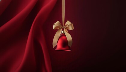 A crimson bell with a golden bow delicately hangs against a rich, flowing red drapery background.