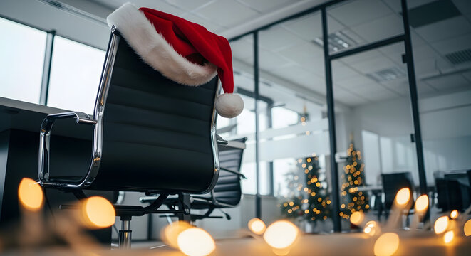 Bright modern open plan office with Santa hat on swivel chair and Christmas tree, festive corporate workspace - Powered by Adobe