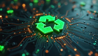 Green recycling symbol glows on circuit board. Digital arrows connect components on dark background. Futuristic technology supports eco friendly future, smart systems.