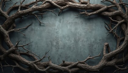 Dark textured background with tree branches frame. Empty oval space for text. Elegant floral vine decor on old grunge wall. Perfect backdrop for halloween celebration flyer or gothic story.