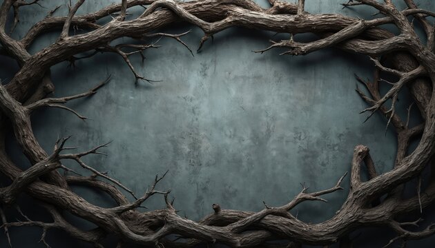 Dark textured background with tree branches frame. Empty oval space for text. Elegant floral vine decor on old grunge wall. Perfect backdrop for halloween celebration flyer or gothic story.