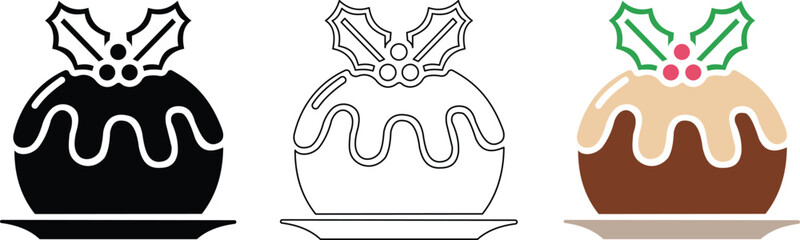 christmas pudding icon set, festive dessert with holly and berries