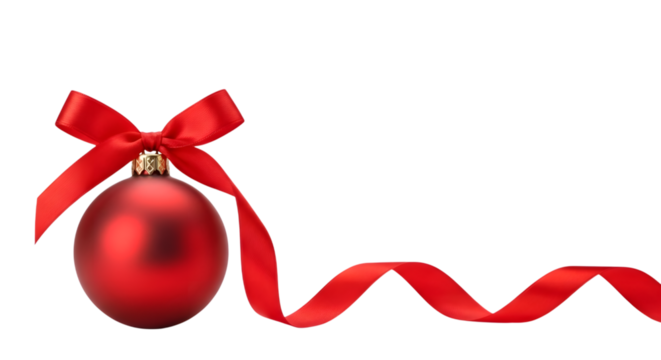 Red christmas ornament with a festive ribbon bow, isolated on transparent background