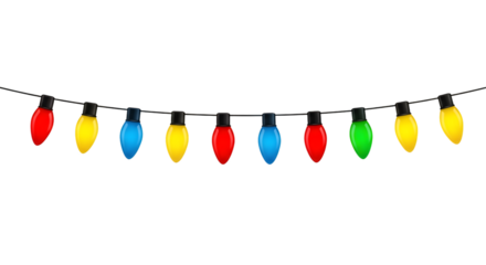 Colorful christmas string lights for holiday decoration, isolated on transparent background