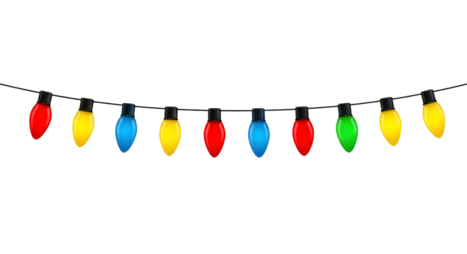 Colorful christmas string lights for holiday decoration, isolated on transparent background