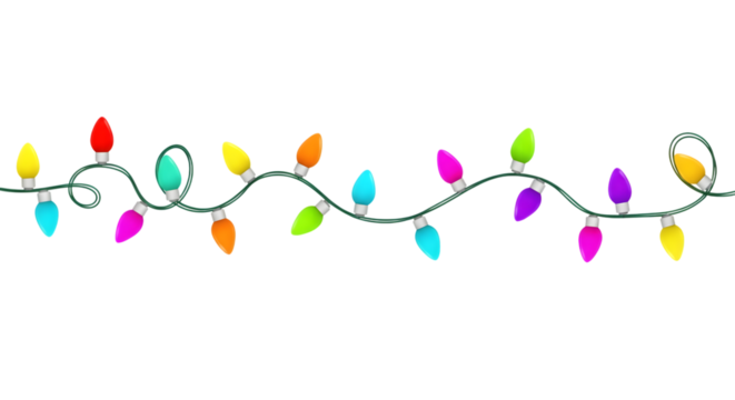 Colorful festive string lights decoration isolated on transparent background
