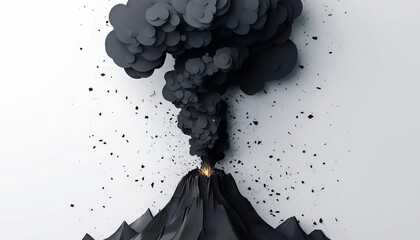 Monochromatic illustration of a stylized volcano erupting with a dark cloud on a white surface.