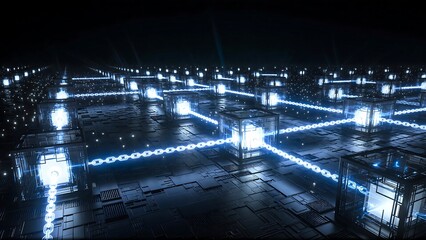Blockchain network with glowing chains connecting data cubes in a modern, futuristic cyberspace, showcasing cutting-edge technology