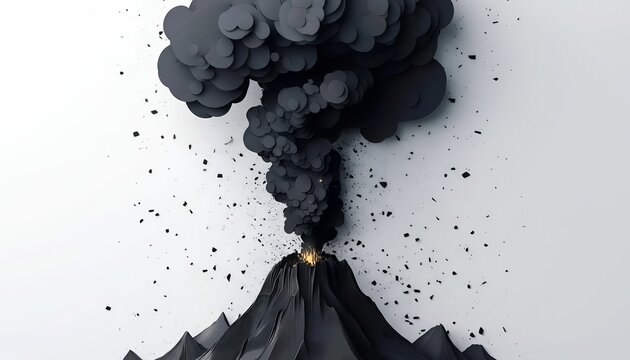 Monochromatic illustration of a stylized volcano erupting with a dark cloud on a white surface.