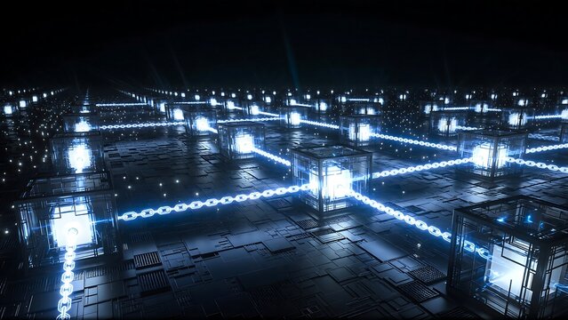 Blockchain network with glowing chains connecting data cubes in a modern, futuristic cyberspace, showcasing cutting-edge technology