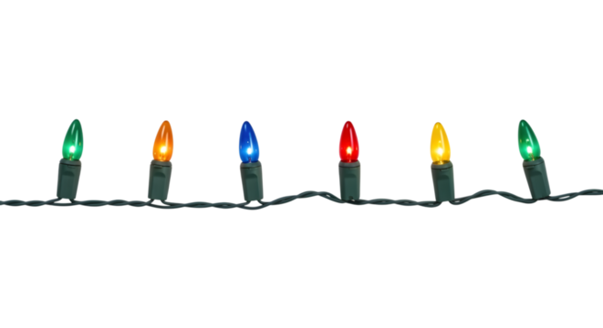 Colorful christmas string lights isolated on transparent background