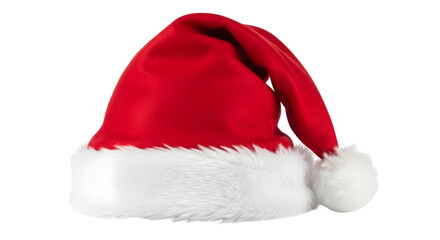 Red santa hat with white fur trim and pompom, isolated on transparent background