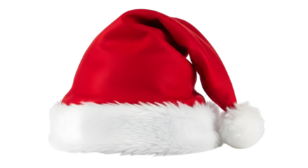 Red santa hat with white fur trim and pompom, isolated on transparent background