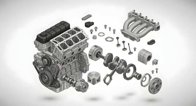 Exploded view of a v engine with various components displayed on a white background surface