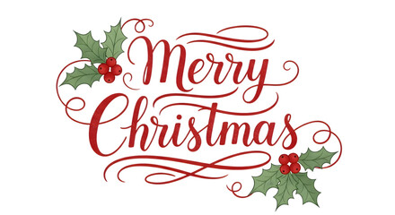 Merry christmas text with holly and berries, isolated on transparent background