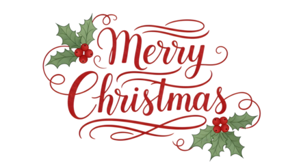Merry christmas text with holly and berries, isolated on transparent background