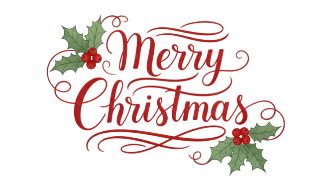 Merry christmas text with holly and berries, isolated on transparent background