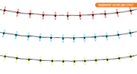 Three colorful strings of christmas lights, red, blue, and yellow, isolated on transparent background