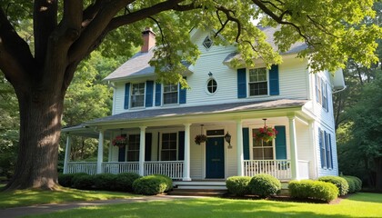 White two story american house exterior with blue shutters and porch. Rich green trees and manicured lawn surround this classic residential building.