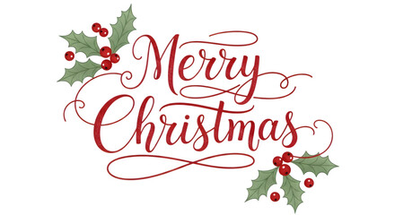 Merry christmas text with festive holly and berries, isolated on transparent background