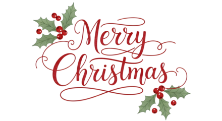 Merry christmas text with festive holly and berries, isolated on transparent background