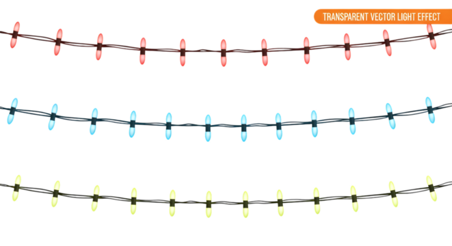 Three colorful strings of christmas lights, red, blue, and yellow, isolated on transparent background - Powered by Adobe