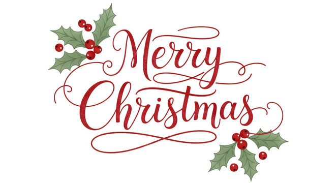 Merry christmas text with festive holly and berries, isolated on transparent background