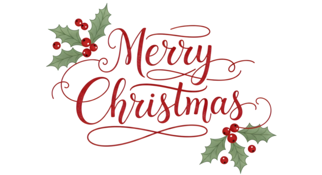 Merry christmas text with festive holly and berries, isolated on transparent background