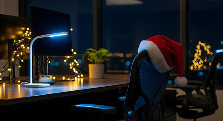 Escritorio con planta verde y gorro de Papá Noel en silla de oficina, decoración navideña sostenible y bienestar en el trabajo