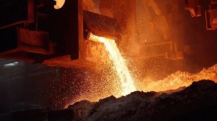 Molten metal pouring from furnace in industrial foundry