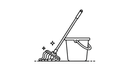 Simple line drawing of a mop and bucket cleaning set