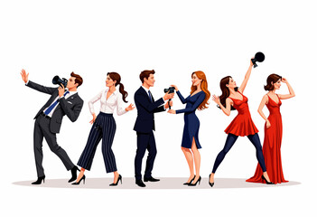 Elegant Group of Photographers and Models Engaging in Creative Photography Session in Stylish Outfits Against White Background Capturing Unique Poses