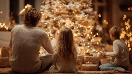 Fototapeta premium Family gathered around a Christmas tree with gold and silver decorations, sharing joyful moments among gifts in warm festive light.
