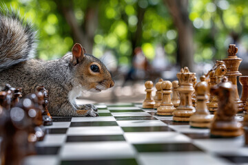 Squirrel Contemplates Next Move on Giant Chessboard
