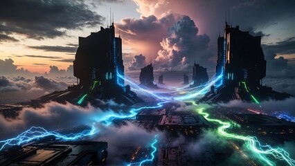 Futuristic cityscape with vibrant electrical energy flowing through towering structures in a dramatic sky setting