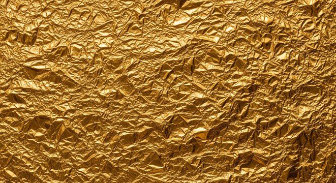 Shiny Crumpled Gold Foil Texture. crumpled gold foil paper. The surface reflects light, creating highlights and shadows in the creases and wrinkles. Shiny, metallic, and luxurious