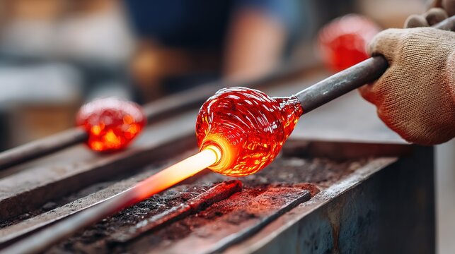 Mature caucasian male crafting molten glass art with blowpipe in workshop - Powered by Adobe