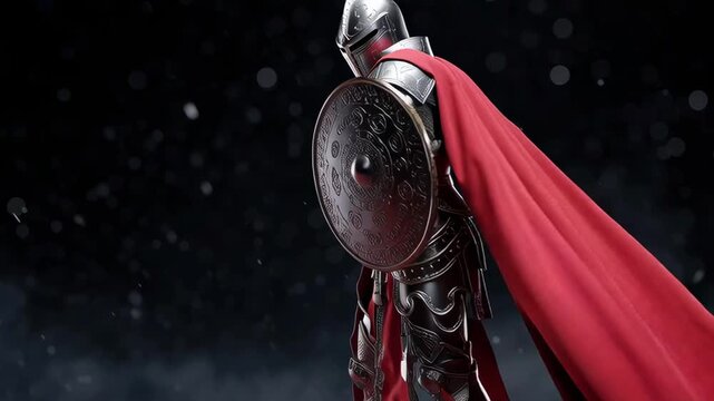 A knight in full armor stands with a sword in his hand. The knight is wearing a red cape and a red helmet. Concept of strength and bravery, as the knight is ready to defend himself and others