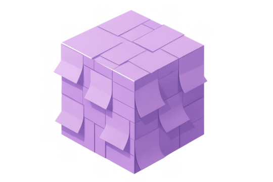 Isometric illustration of a large cube covered in many violet sticky notes, symbolizing workload, creativity, and planning