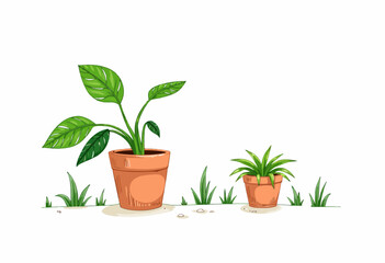 Obraz premium Illustration of Two Potted Plants with Lush Green Leaves in Terracotta Pots on a White Background Surrounded by Sparse Grass